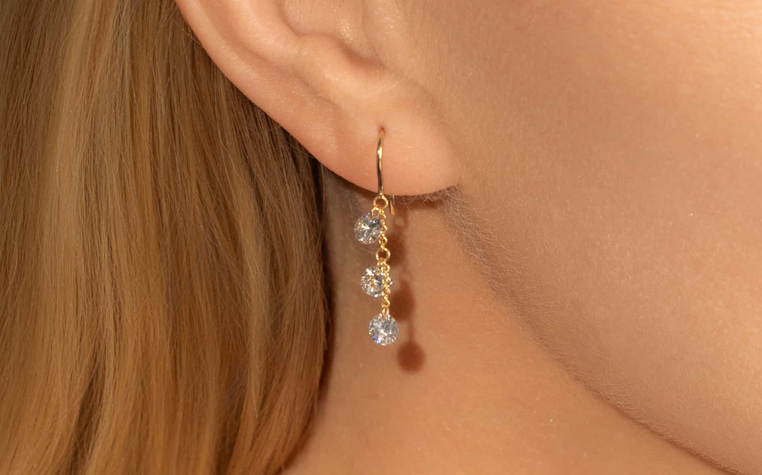 Three Stone Diamond Dangle Drop Earrings